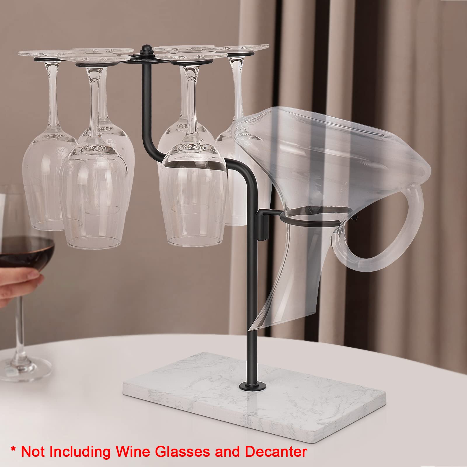 HarJue Wine Glass Holder with Marble Base, Countertop Wine Glass Rack Stand for 6 Wine Cups and 1 Decanter, Tabletop Freestanding Stemware Organizer for Kitchen Home Bar Cabinet, Matte Black