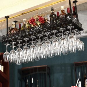 tfcfl vintage wine glass rack, stemware wine glass holder glasses storage hanger hanger rack metal organizer tableware bottle floating shelf for bar kitchen, capacity: 40/48 goblets (black, 100)