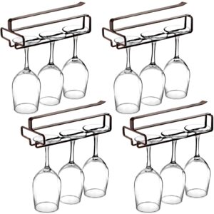 lyellfe set of 4 wine glass rack, under cabinet stemware rack, carbon steel wine glass holder hanger for shelf, cabinet, bar, no drilling, brown