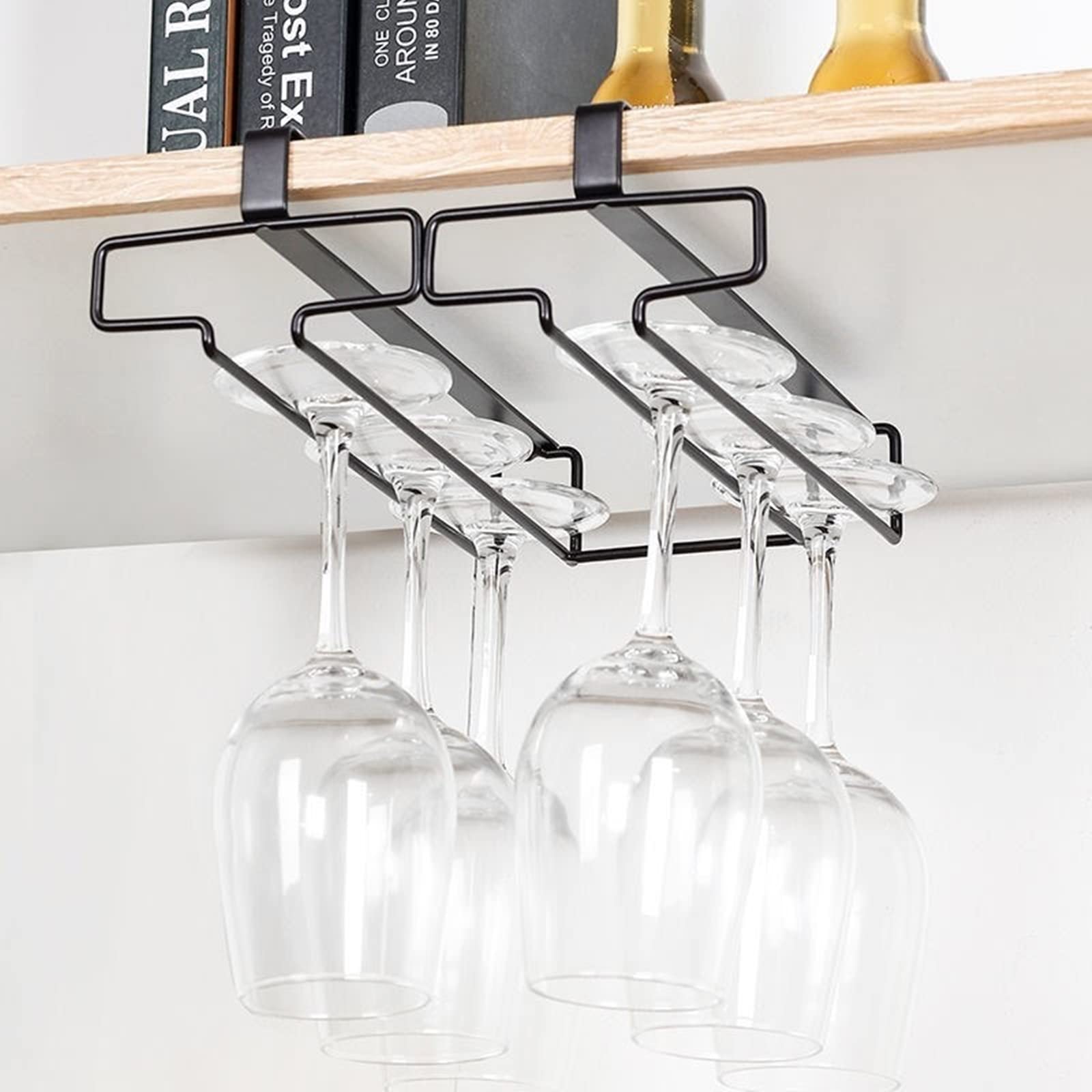 Lyellfe Set of 4 Wine Glass Rack, Under Cabinet Stemware Rack, Carbon Steel Wine Glass Holder Hanger for Shelf, Cabinet, Bar, No Drilling, Brown