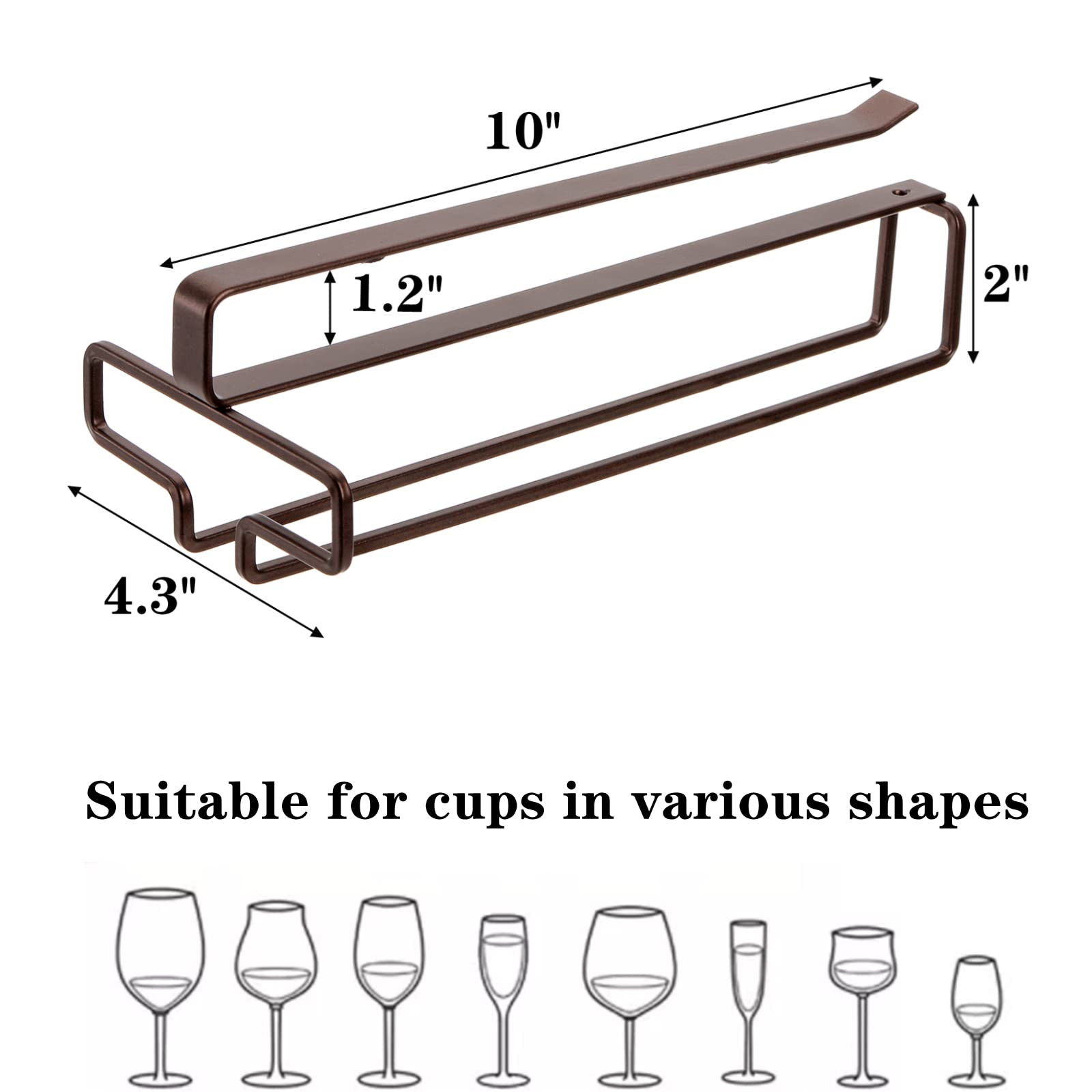 Lyellfe Set of 4 Wine Glass Rack, Under Cabinet Stemware Rack, Carbon Steel Wine Glass Holder Hanger for Shelf, Cabinet, Bar, No Drilling, Brown