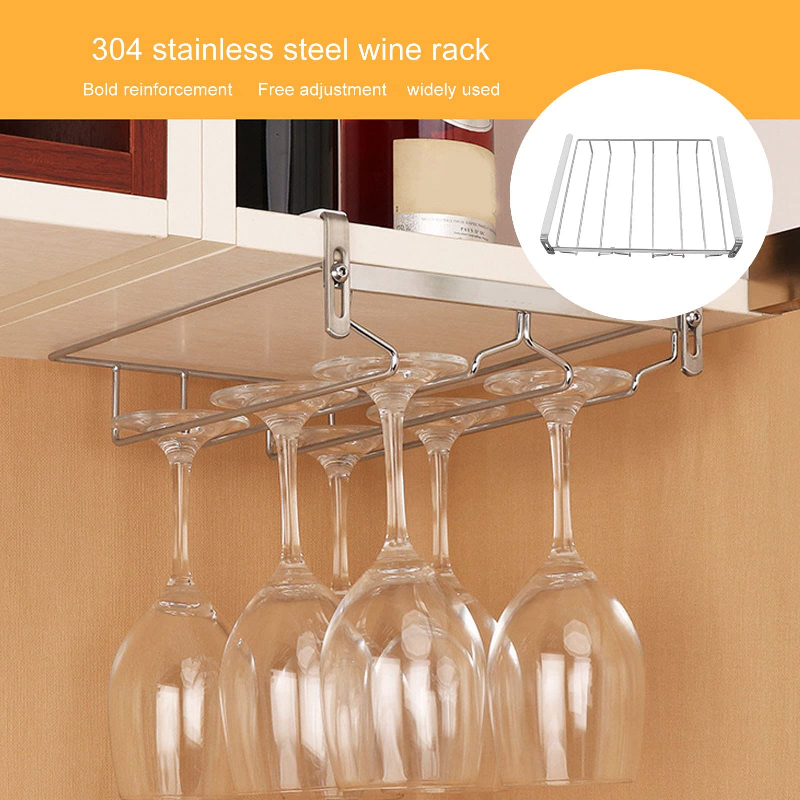 Tnfeeon Wine Glass Rack Under Cabinet Stemware Wine Glass Holder Glasses Storage Hanger Metal 304 Stainless Steel Hanger Storage Shelf for RV Mini Bar Kitchen Storage