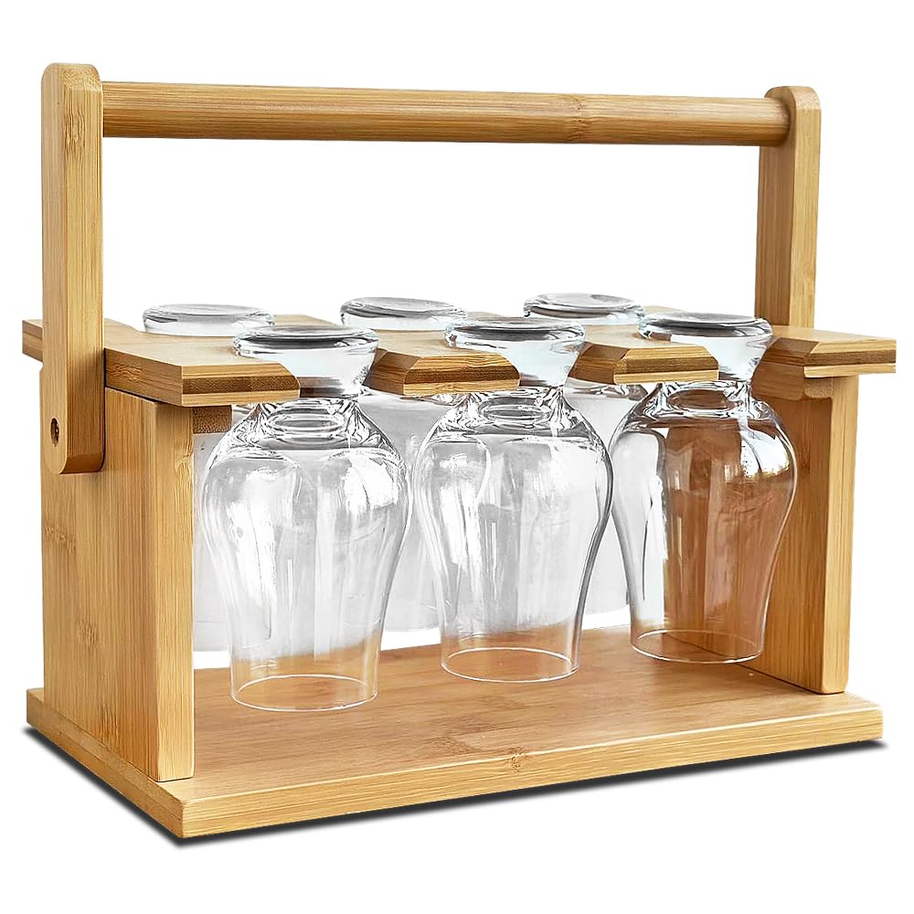 June Sizzle Whiskey Glass Holder Set and Drying Rack Gift - Whisky Glasses Cup Storage or Display Stand - Hardwood Bamboo Caddy Old Fashioned - Complete with 4 Chilling Stones