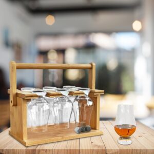 June Sizzle Whiskey Glass Holder Set and Drying Rack Gift - Whisky Glasses Cup Storage or Display Stand - Hardwood Bamboo Caddy Old Fashioned - Complete with 4 Chilling Stones