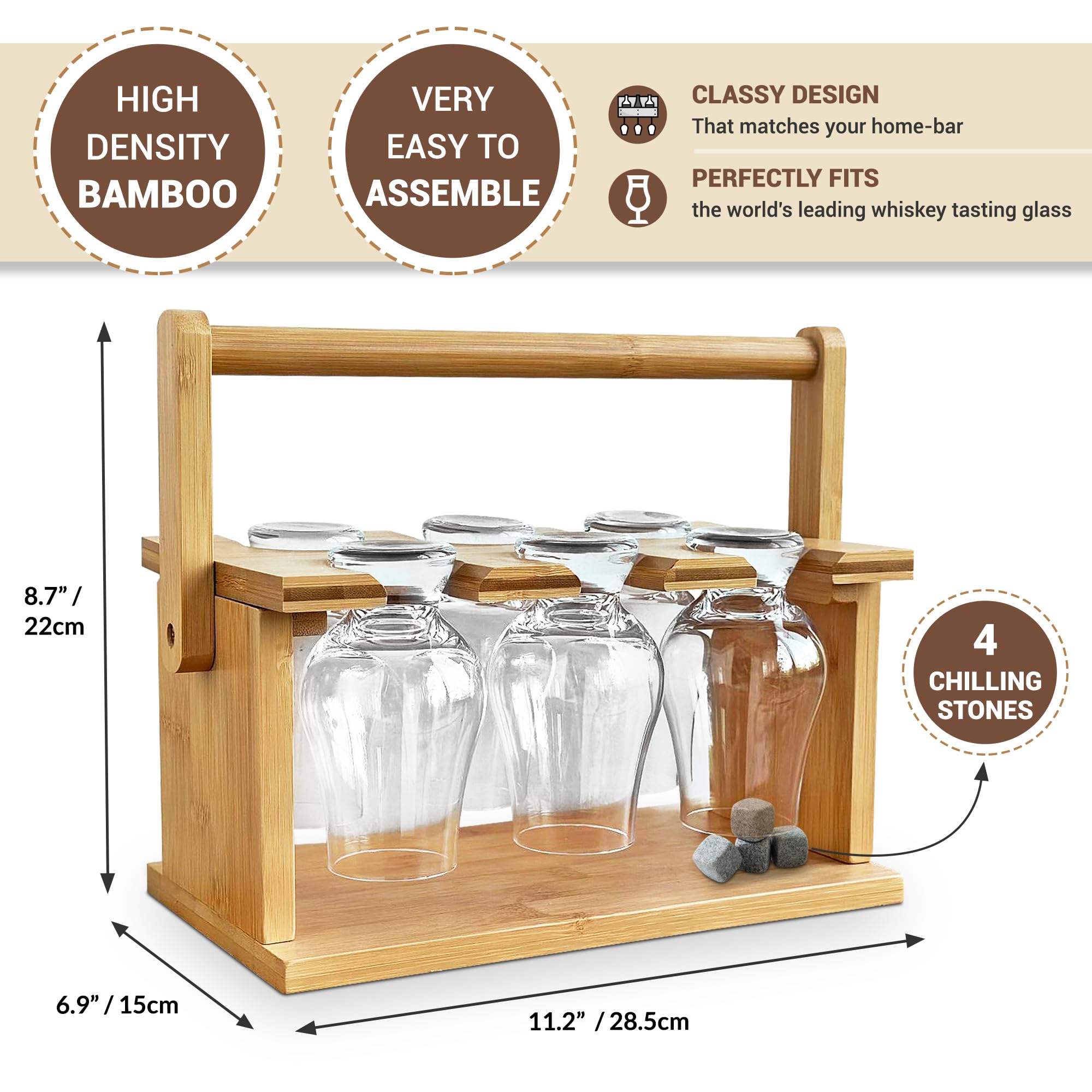 June Sizzle Whiskey Glass Holder Set and Drying Rack Gift - Whisky Glasses Cup Storage or Display Stand - Hardwood Bamboo Caddy Old Fashioned - Complete with 4 Chilling Stones