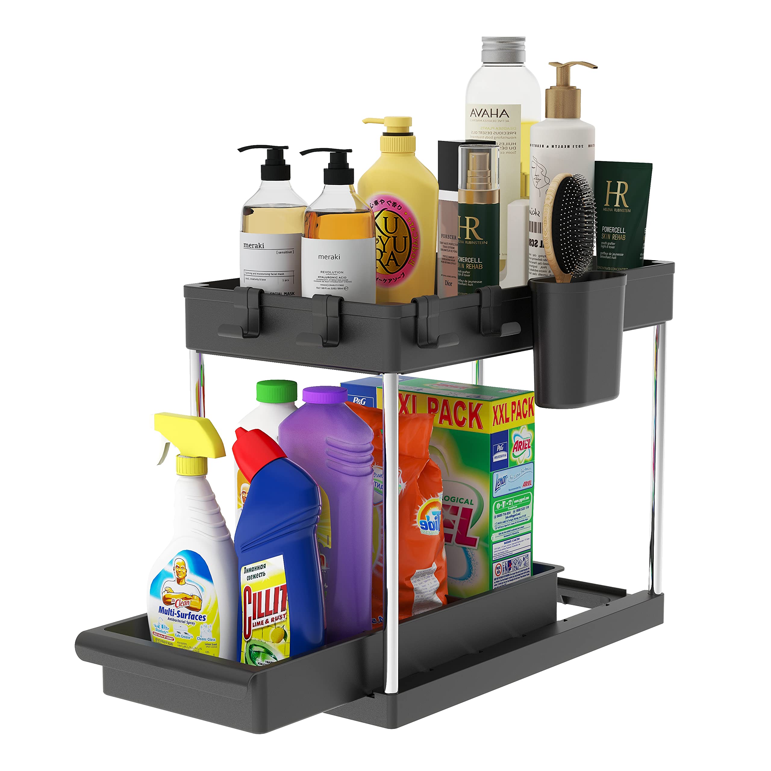 EZORG Under Sink Organizer Set of 2 Black for Storage - Kitchen, Pantry & Toilet with Movable Lower Rack for Easy Access