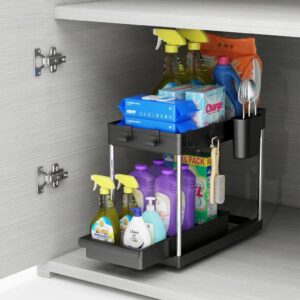 EZORG Under Sink Organizer Set of 2 Black for Storage - Kitchen, Pantry & Toilet with Movable Lower Rack for Easy Access