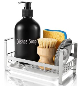 tezz sponge holder for kitchen sink- stainless steel kitchen storage sink caddy for organizing sponge, brush & dish soap dispenser, kitchen sink organizer rack with adhesive or counter top, silver