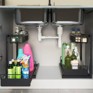 reepor 2 pack under sink organizer,2-tier pull out cabinet organizer under kitchen sink organizer,under cabinet storage multi-use for bathroom laundry kitchen