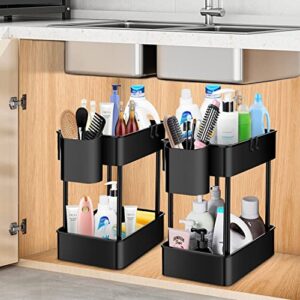 forpotu 2 pack under sink organizers and storage 2-tiers under kitchen bathroom sink organizers multi-pupose under cabinet organizer under sink shelf holder with 8 hooks and 4 hanging cups