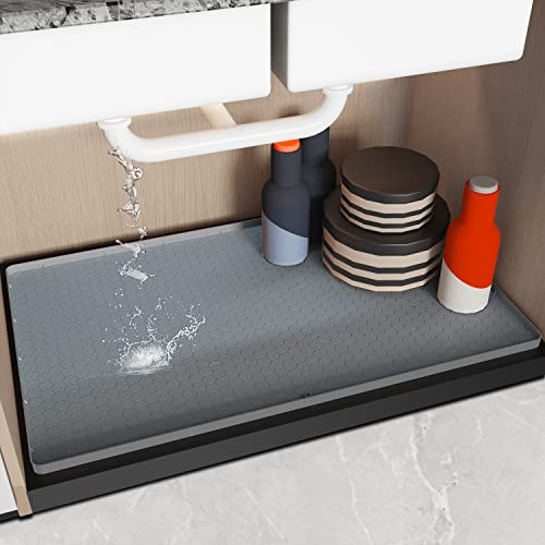 Under Sink Mat, FINKKIE 34”x22”Under the Sink Mat Waterproof, Under Sink Liner with Drain Hole, Silicone Undersink Mat for Kitchen Bathroom, Under Sink Drip Tray Grey.