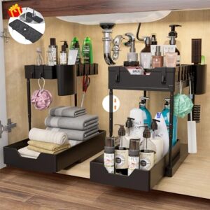 2 sets of 2 -tier multi-purpose under sink organizer and storage, adjustable height pull out under sink kitchen bathroom cabinet with 8 hooks and 2 hanging cup, kitchen sink splash guard