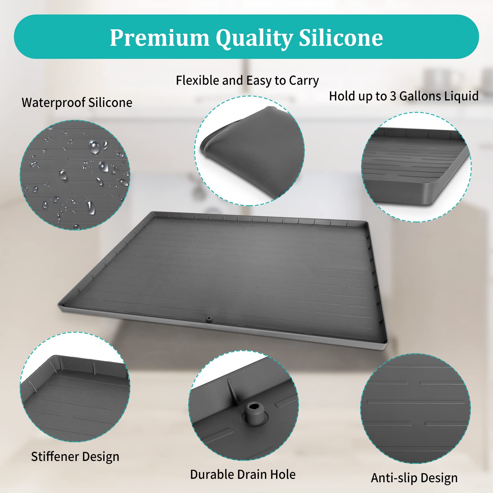 34" x 22" Under Sink Mat, Silicone Under The Sink Mat for Kitchen Waterproof, Under Sink Drip Tray with Drain Hole for Cabinet Protector, Hold Up to 3 Gallons Liquid