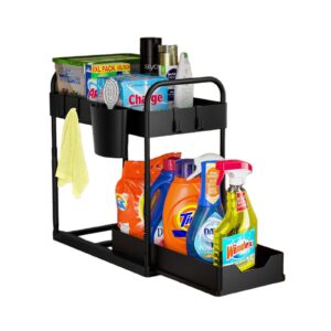 wioske space-saving under-sink organizer, foldable, plastic material, black color, 4 side hooks, small hanging storage box, maximizes vertical space, easy assembly, sliding drawer