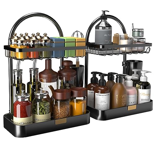 BeesVo 2 Sets of 2-Tier Bathroom Organizer Countertop - Kitchen Spice Rack Organizer, Multi-Purpose Counter Organization and Storage for Bathroom, Kitchen, Bedroom, Offices, Metal Black