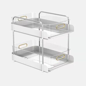 ilikuhome under sink organizers and storage, 2-tier clear organizer with sliding drawers, muti-purpose pull out organizers for bathroom, kitchen, pantry, makeup, office, low style