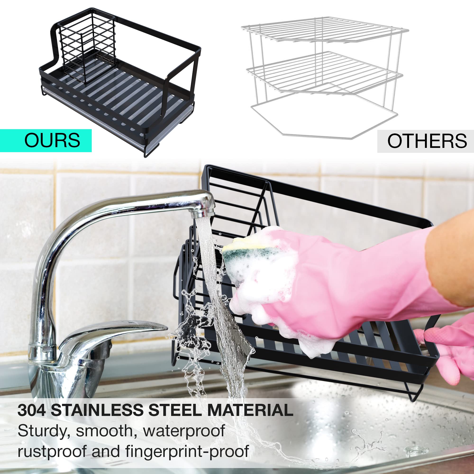 ANDRSAN Kitchen Sink Caddy with Removable Drain Tray, Kitchen Countertop Sink Organizer for Sponges, Dishcloth, Soap Bottle, Brushes and Sink Stopper, Sponge Holder for Kitchen Sink, Black