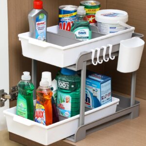 2 tier slide out under sink organizers and storage with removable dividers - undersink cabinet drawers for bathroom, kithcen cleaning and organization - multiuse home pull out organizing tray, 1 set