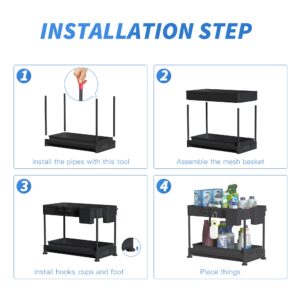 vizoe Under Sink Organizers and Storage 15'' x 8'' x 14'', 2 Tier Sliding Under Sink Storage with Hooks, Hanging Cup, Dividers, Handles, Black Pull Out Cabinet Organizer for Kitchen Bathroom