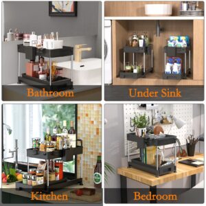 vizoe Under Sink Organizers and Storage 15'' x 8'' x 14'', 2 Tier Sliding Under Sink Storage with Hooks, Hanging Cup, Dividers, Handles, Black Pull Out Cabinet Organizer for Kitchen Bathroom