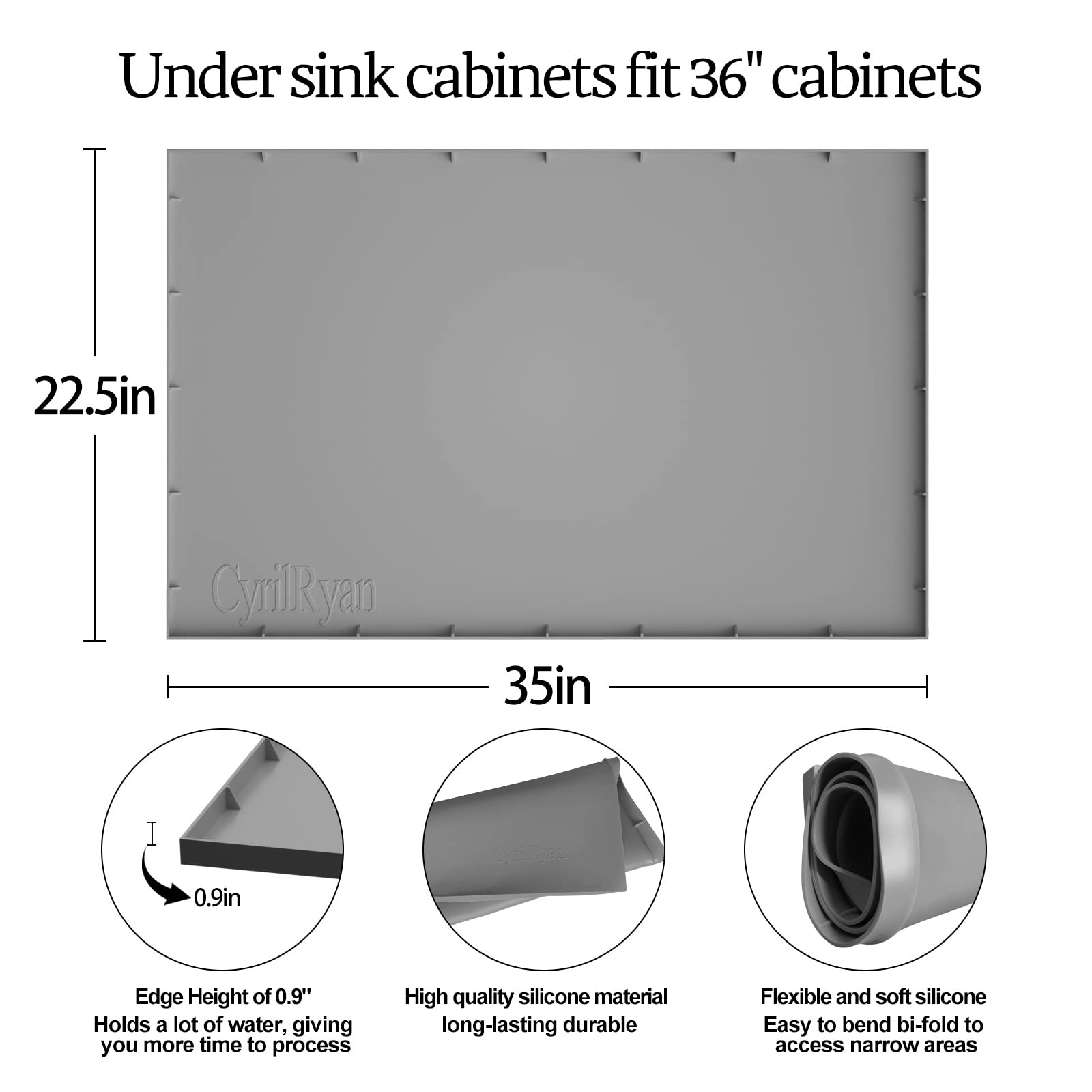 Under Sink Mat Waterproof for 36" Cabinet, Kitchen Rubber mat, Holds Over 3.3 Gallons Liquid Carbon Cabinets Leak Protector Bathroom Sink Line Drip Tray Sink Pan Gray 35x22.5 inch