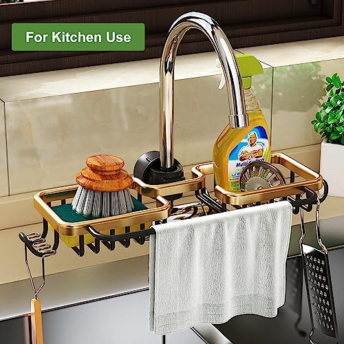 Gloserin Sponge Holder for Kitchen Sink,Adjustable Detachable Sponge Holder Over Faucet,Faucet Rack for Kitchen,Sink Caddy Sponge Holder,Kitchen Sink Organizer(Double with Dishcloth Rack, Gold)