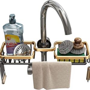 Gloserin Sponge Holder for Kitchen Sink,Adjustable Detachable Sponge Holder Over Faucet,Faucet Rack for Kitchen,Sink Caddy Sponge Holder,Kitchen Sink Organizer(Double with Dishcloth Rack, Gold)