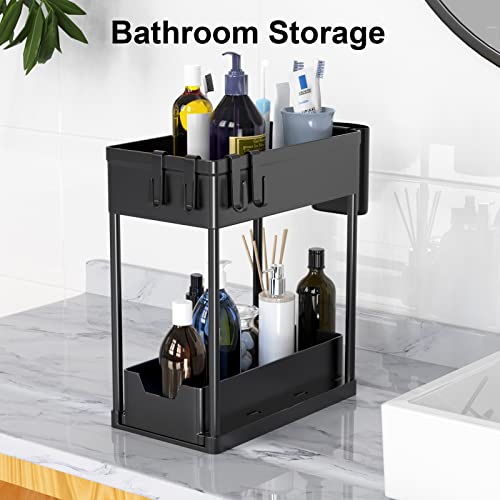 Under Sink Organizer, Under Bathroom Cabinet Storage 2 Tier Under Sink Storage Rack with 4 Hooks, Under Cabinet Organizer Baskets, Multi-purpose Under Sink Shelf Organizer for Bathroom Kitchen