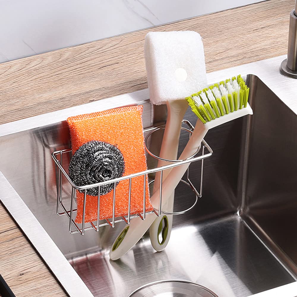 2-in-1 Stainless Steel Kitchen Adhesive Sponge Holder Brush Holder Sink Organizer Rustproof and Waterproof