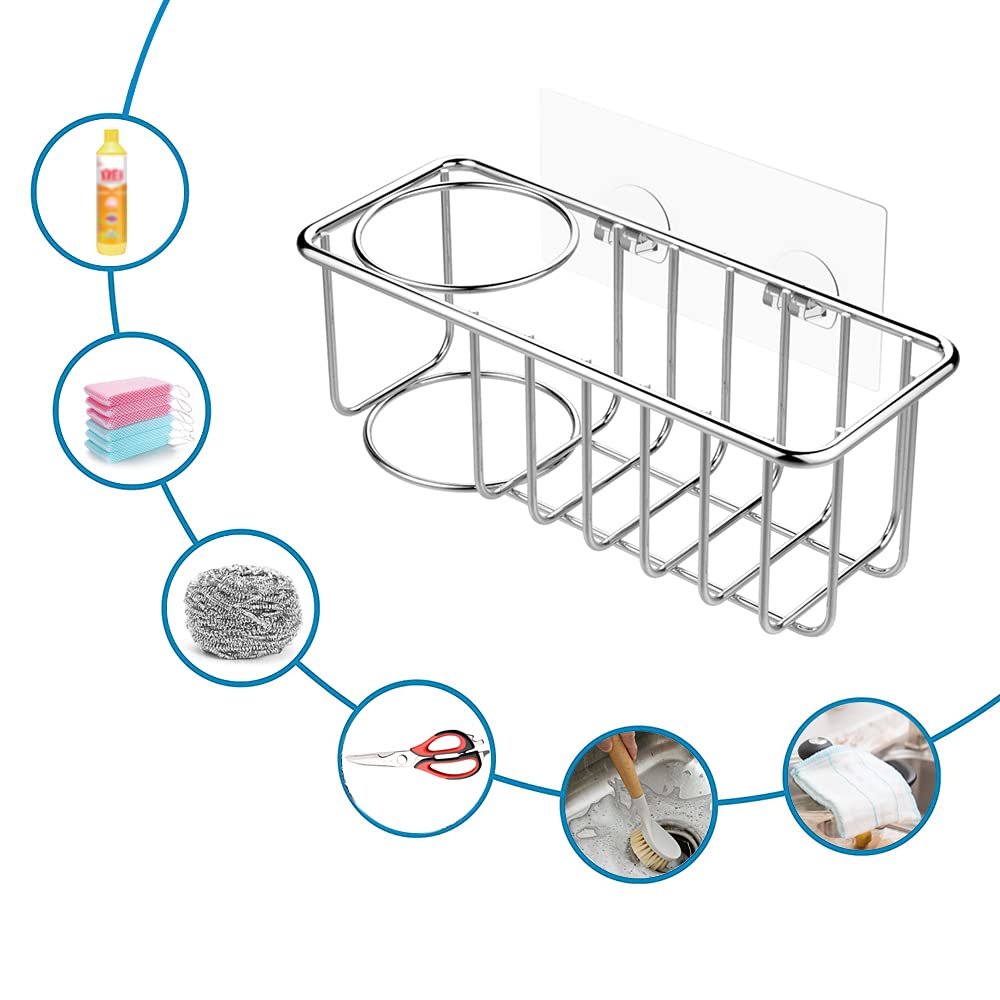 2-in-1 Stainless Steel Kitchen Adhesive Sponge Holder Brush Holder Sink Organizer Rustproof and Waterproof