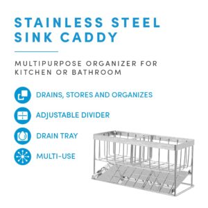 Home Spirit Sink Caddy Organizer Countertop For Kitchen, Bathroom, Sponge Holder, Soap, Brush, Bottle Storage Gadget, Angled Drain Tray, Adjustable Divider…