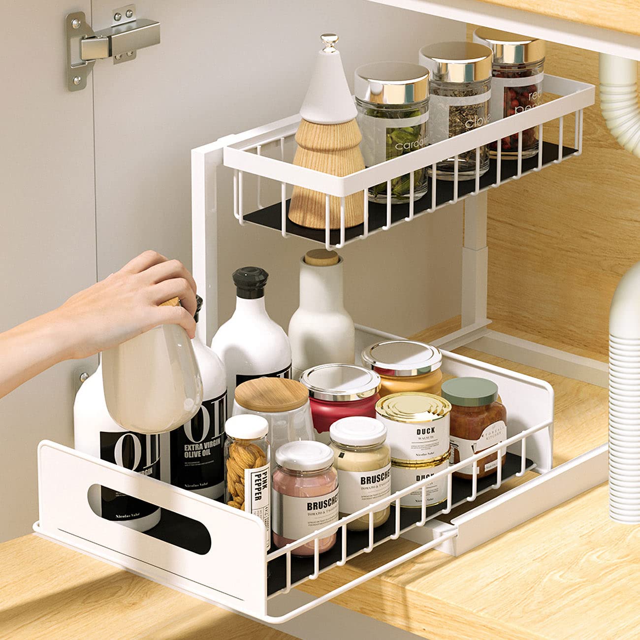 Under Sink Organizers and Storage Pull Out Cabinet Organizer and Storage Metal 2 Tier Under Sink Drawer Organizer Bottom Drawer Slide Out Under Sink Storage Shelf For Kitchen Bathroom, White