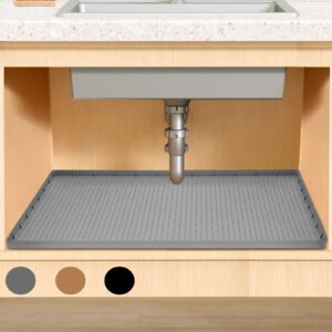 dirza under sink mat for kitchen waterproof 34" x 22" flexible silicone under sink tray for drips, leaks, spills,1" height hold up to 3.3 gallons of water gray