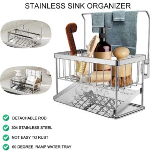 Sink Organizer and Sponge Holder, 304 Stainless Steel Rustproof, Adjustable, Self-Draining Sink Caddy for Sponges, Brushes, Dish Soap,Kitchen Towel,Kitchen Rags