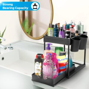 Grünhirsch Under Sink Organizers and Storage 2 Packs Kitchen Organizer, Bathroom Organizer, make up organizers and storage with Large capacity | 2 Tiers Sliding Under Cabinet with Dividers, Black