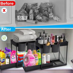 Grünhirsch Under Sink Organizers and Storage 2 Packs Kitchen Organizer, Bathroom Organizer, make up organizers and storage with Large capacity | 2 Tiers Sliding Under Cabinet with Dividers, Black