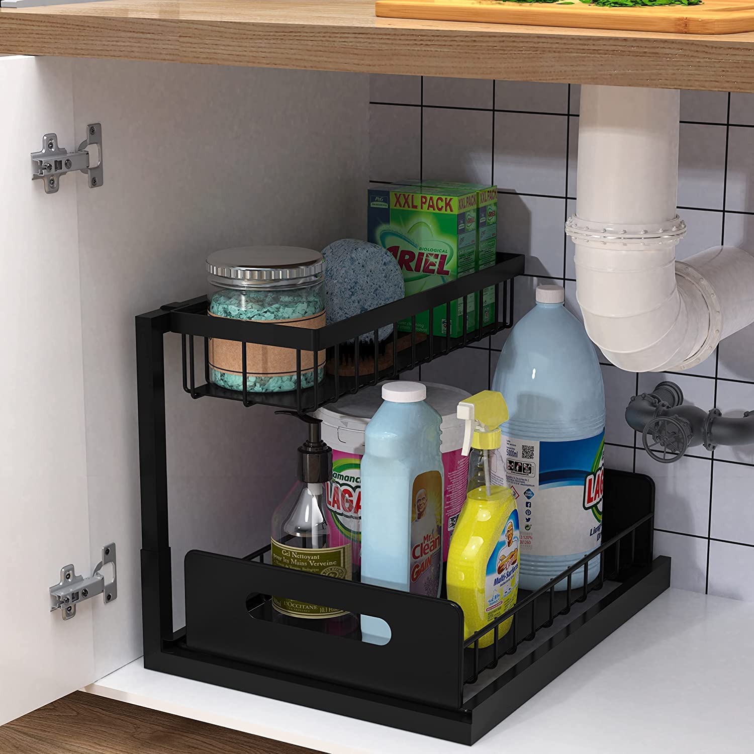 Shinhadi Under Sink Organizer Pull Out Cabinet Organizer 2-Tier Slide Out Sliding Shelf Under Cabinet Storage Multi-Use for Under Kitchen Bathroom Sink Organizers and Storage（Black）