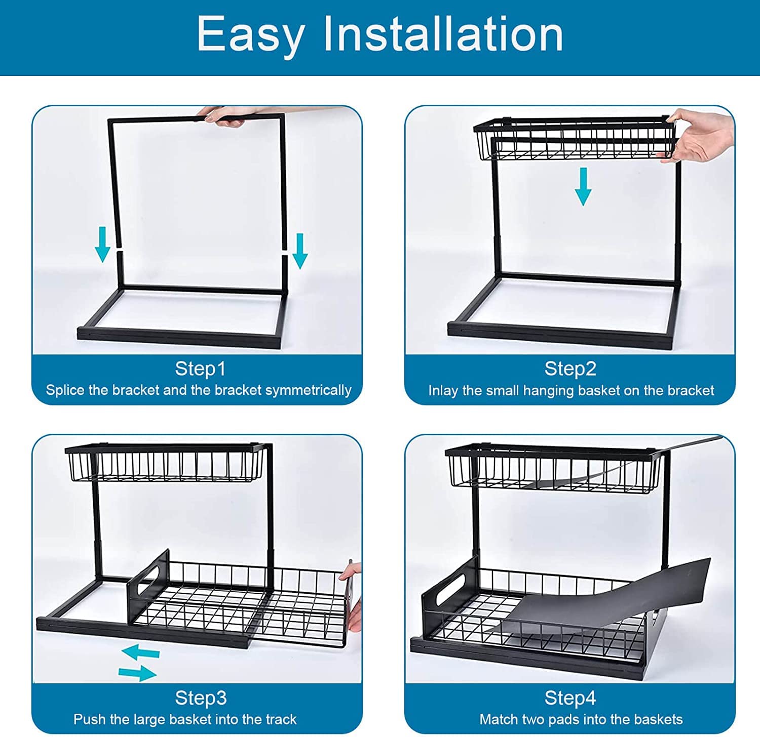 Shinhadi Under Sink Organizer Pull Out Cabinet Organizer 2-Tier Slide Out Sliding Shelf Under Cabinet Storage Multi-Use for Under Kitchen Bathroom Sink Organizers and Storage（Black）