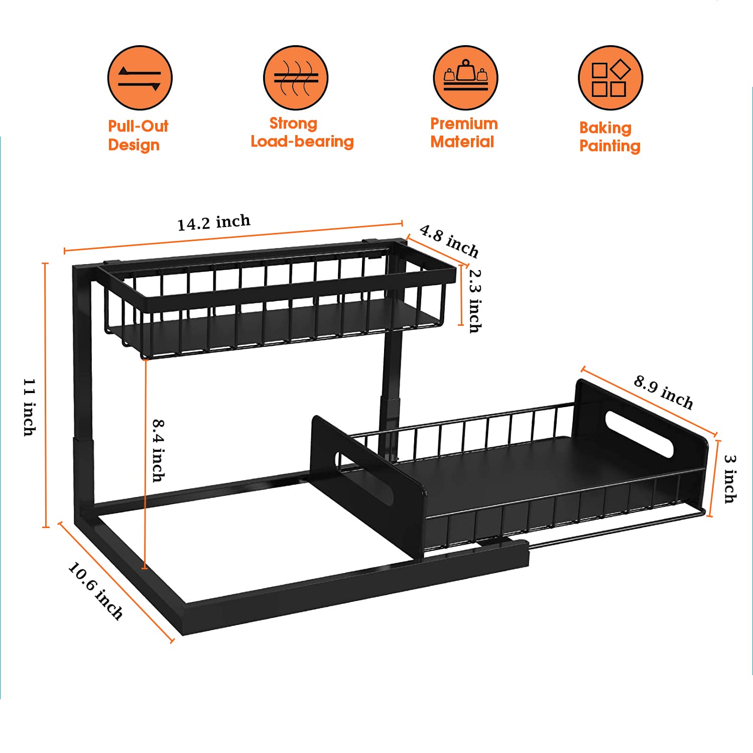 Shinhadi Under Sink Organizer Pull Out Cabinet Organizer 2-Tier Slide Out Sliding Shelf Under Cabinet Storage Multi-Use for Under Kitchen Bathroom Sink Organizers and Storage（Black）