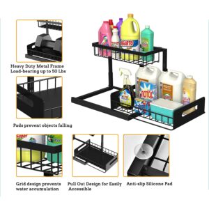 Shinhadi Under Sink Organizer Pull Out Cabinet Organizer 2-Tier Slide Out Sliding Shelf Under Cabinet Storage Multi-Use for Under Kitchen Bathroom Sink Organizers and Storage（Black）