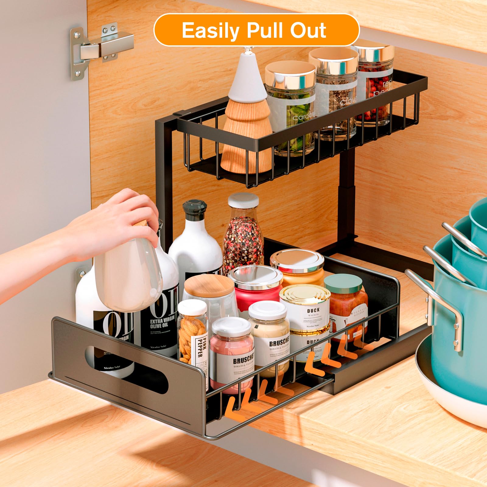 2-Tier Under Sink Organizer and Storage, Pull Out Cabinet Kitchen and Bathroom Organization, Multi Use Slide Out Sliding Shelf Under Cramped Space Shelf Storage (Black)