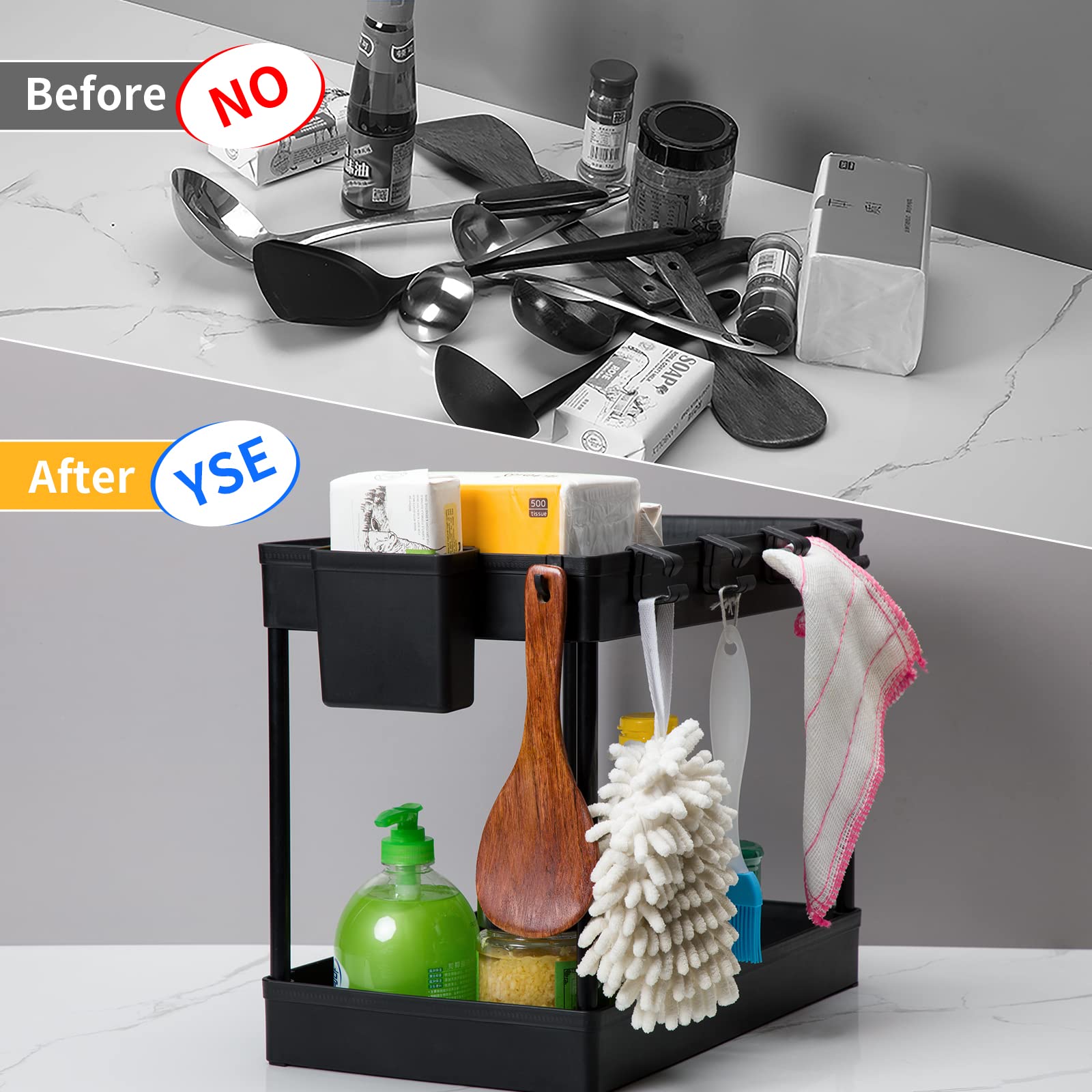 Gaupuncher Under Sink Organizer, 2 Tier Bathroom Organizer, Under Sink Cabinet Organizer with 8 Hooks and 1 Baskets Multipurpose Under Sink Shelf Organizer for Bathroom Kitchen Office (Black)