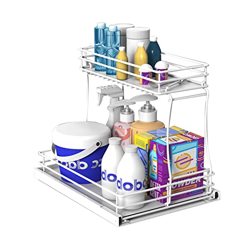 TOOYIMR under sink organizers and storage，2 Tier Pull Out cabinet Organizer with sliding storage drawer，Multi-purpose Bathroom organizer under sink shelf rack for kitchen/bathroom/office(White)