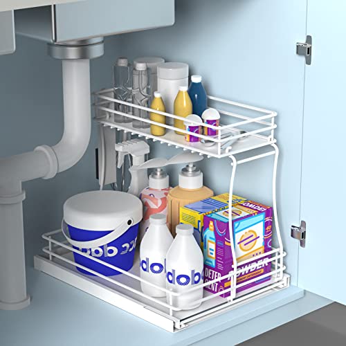 TOOYIMR under sink organizers and storage，2 Tier Pull Out cabinet Organizer with sliding storage drawer，Multi-purpose Bathroom organizer under sink shelf rack for kitchen/bathroom/office(White)