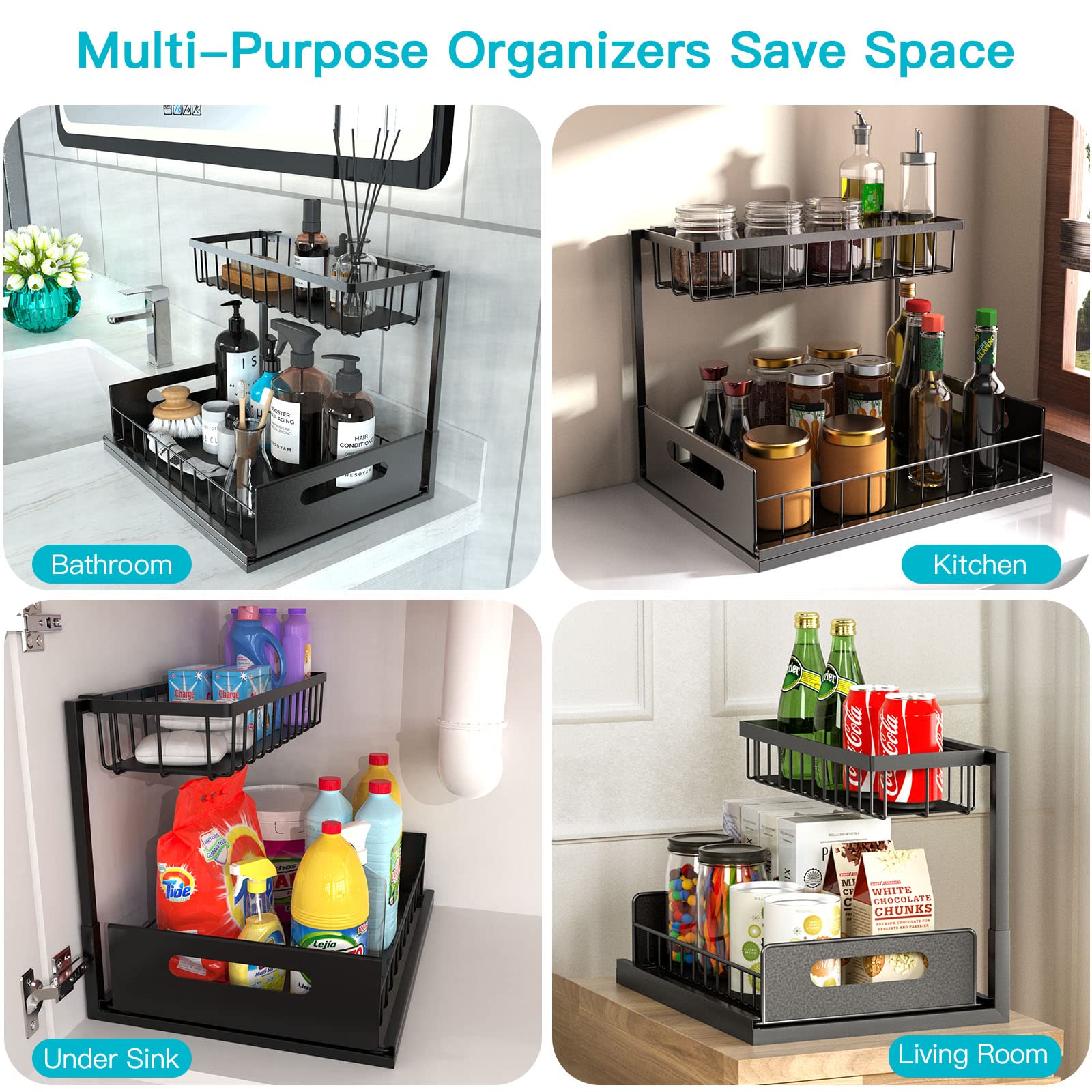 Under Sink Organizer, Pull Out Cabinet Organizer 2 Tier Slide Out Sink Shelf Cabinet Storage Shelves,Under Bathroom Cabinet Storage, Multi-Use for Under Kitchen Bathroom Sink Organizers and Storage