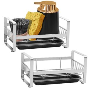 2 pack kitchen sponge holder - kitchen sink organizer - sink caddy - sink tray - soap holder - stainless steel, silver+black, 2pcs