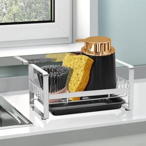 2 Pack Kitchen Sponge Holder - Kitchen Sink Organizer - Sink Caddy - Sink Tray - Soap Holder - Stainless Steel, Silver+Black, 2PCS