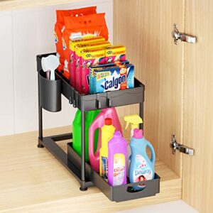 merrybox under sink organizers and storage, sliding under cabinet bathroom organizer, 2 tier kitchen under sink shelf organizer pull out drawer with hooks, hanging cup, non-slip feet, black, 1 pack