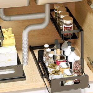 JPSDOWS Under Sink Organizer Storage for Kitchen Cabinet 2 Tier Metal Sliding Pull out Drawer Shelf Basket Organization Rack Multi-purpose for Bathroom Countertop Black