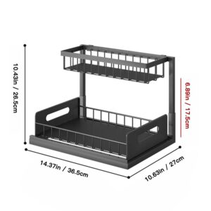 JPSDOWS Under Sink Organizer Storage for Kitchen Cabinet 2 Tier Metal Sliding Pull out Drawer Shelf Basket Organization Rack Multi-purpose for Bathroom Countertop Black